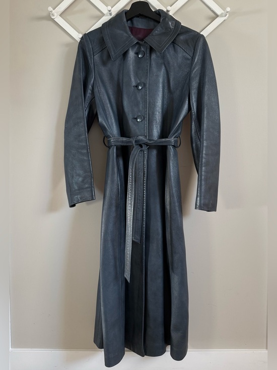 Jackets & Blazers - Vintage Genuine Leather Long Cool Dark Blue Belted Trench Coat Jacket